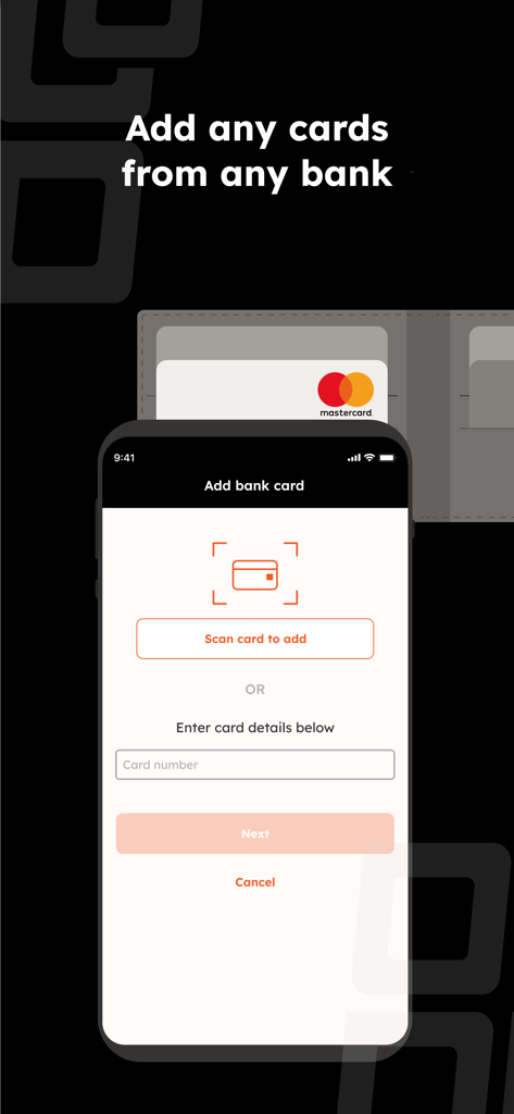Interface of the MasterPass Scan to Pay app showing options to scan a bank card or enter details manually