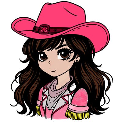 a cowboy girl with a hat, black hair and very pretty