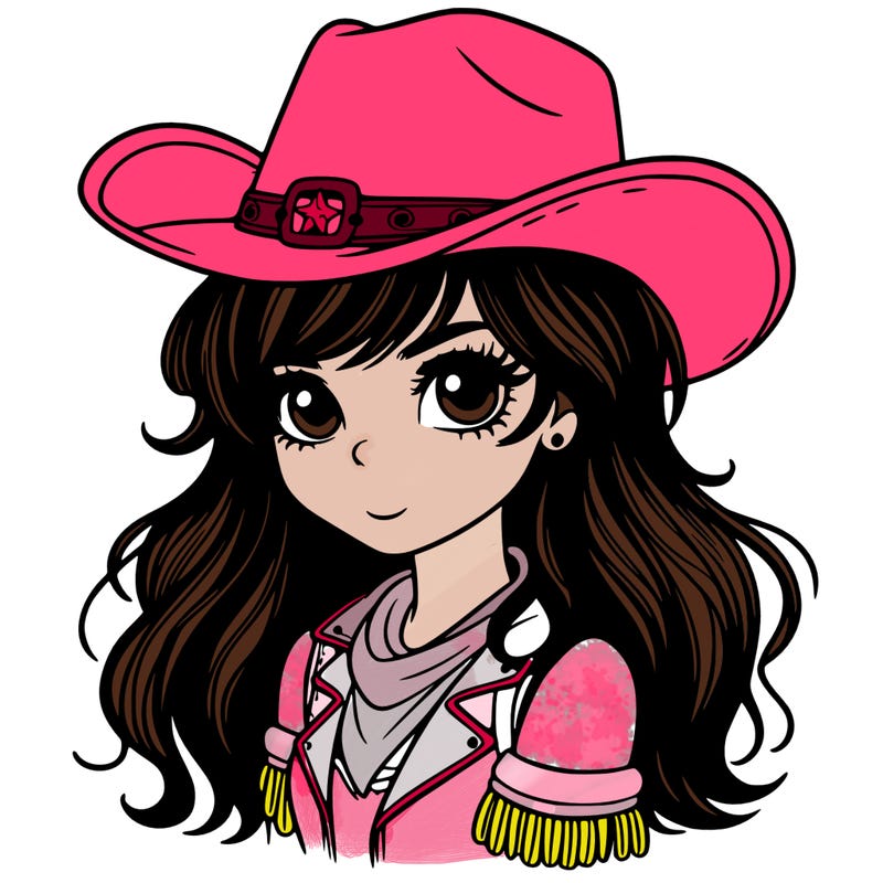 a cowboy girl with a hat, black hair and very pretty