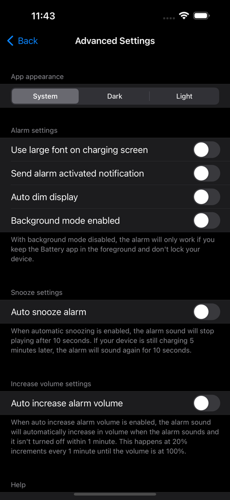 The advanced settings menu of the Battery Charge Alarm app showing appearance toggles and notification preferences