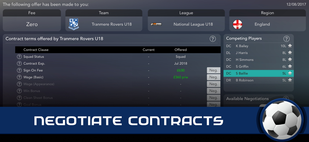 Negotiate contracts screen in Football Superstar mobile game