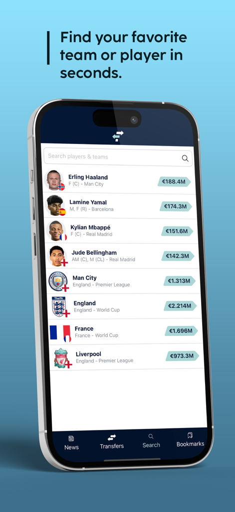 FootballTransfers - FootballTransfers app search interface displaying soccer player and team market values.