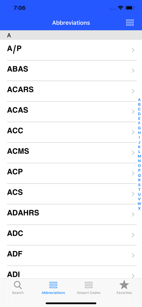 Lista alfabética de abreviaturas de aviación de la FAA en la aplicación