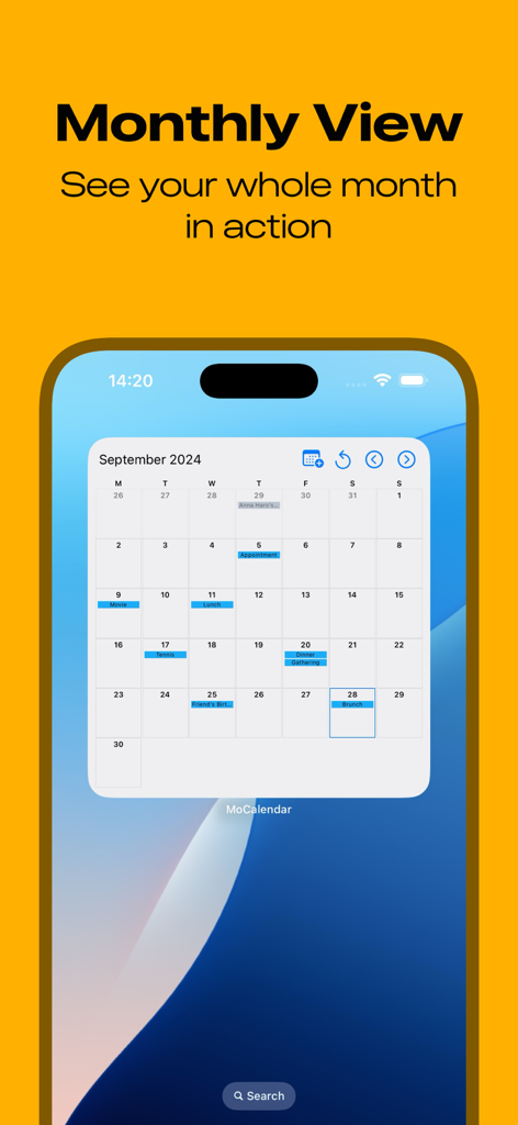 Un widget de calendario mensual en la pantalla de inicio de un iPhone que muestra un resumen de eventos y citas para septiembre