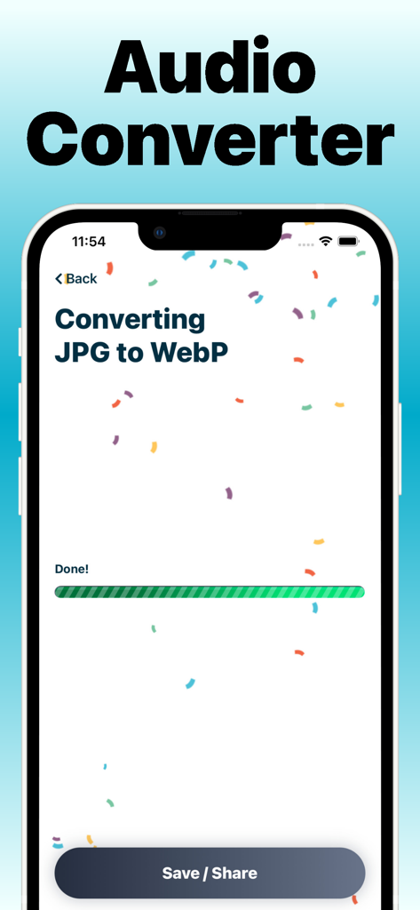 File Converter to the Formats - Mobile app interface showing a successful file conversion from JPG to WebP with a progress bar marked as Done and a Save or Share button
