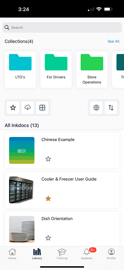 Inkling - Library screen of the Inkling app showing corporate training documents and operational manuals
