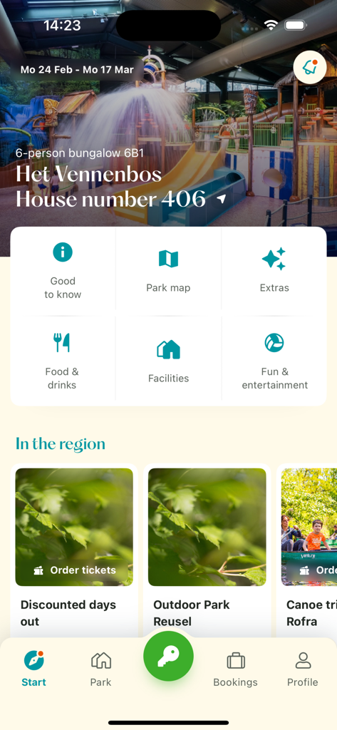 Landalアプリのインターフェースで、ヘット・ヴェンネンボス（Het Vennenbos）のパーク施設と宿泊施設詳細が表示されています。