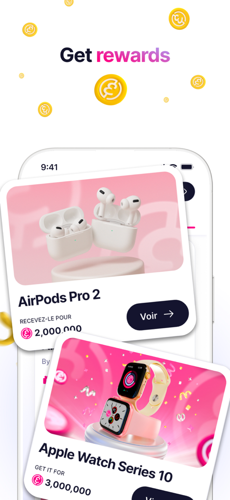 Captura de tela da tela de recompensas do aplicativo Elfie mostrando prêmios como AirPods Pro e Apple Watch resgatáveis por moedas.