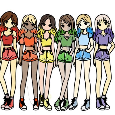 a group of girls wearing crop tops and shorts