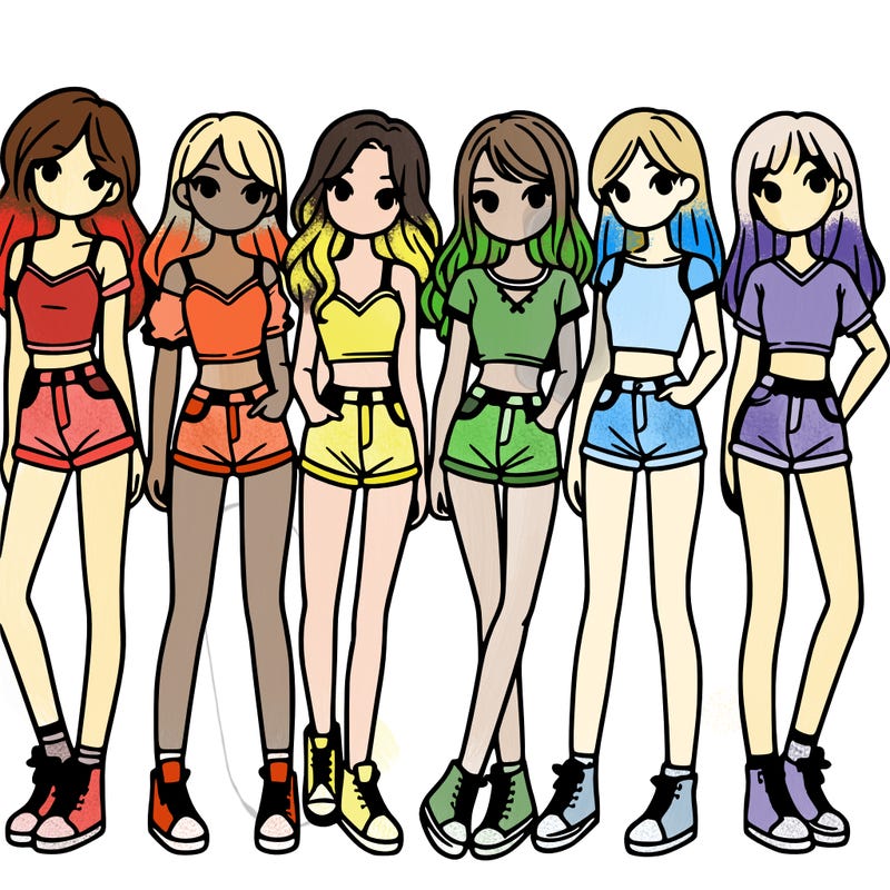 a group of girls wearing crop tops and shorts