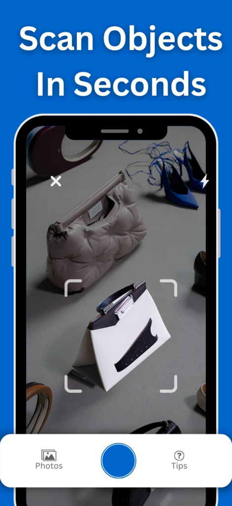 ResaleScan: AI Value Scanner - A mobile phone screen showing the ResaleScan app scanning a white designer handbag to estimate its resale price