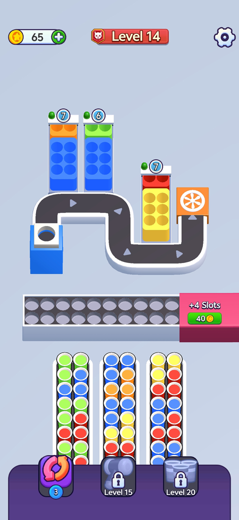 Coffee Factory - Sort Games - Gameplay screenshot of Coffee Factory showing colorful cups on a conveyor belt being sorted into matching boxes.