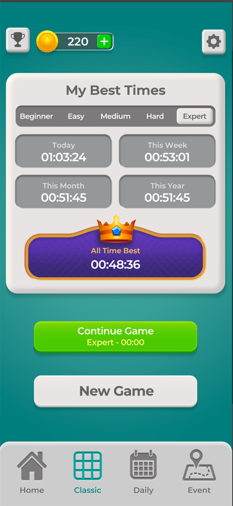 Minesweeper app screen showing personal best times and records for the expert difficulty level