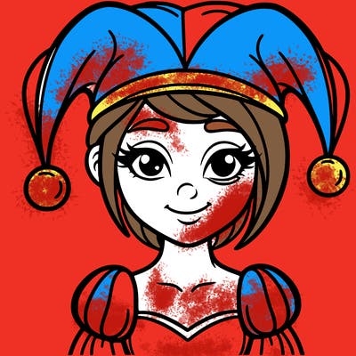 pomni  a girl who wears a jester costume, has blue and red eyes and has white skin. age 25