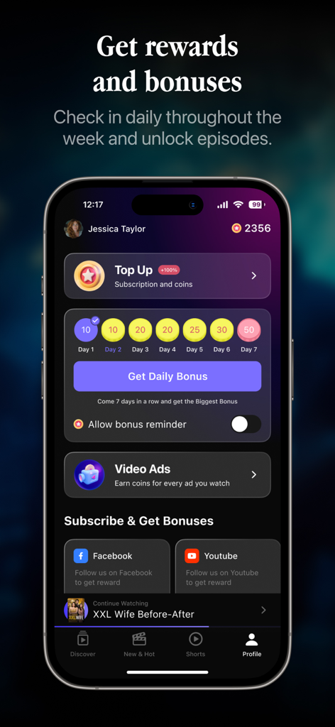 Interfaz de la aplicación DramaShorts mostrando recompensas de registro diario y opciones de bonificación de monedas