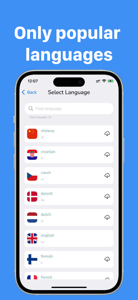 Real Time Language Translator - Tela móvel mostrando uma lista de idiomas populares disponíveis para tradução offline no aplicativo DuoDictum.