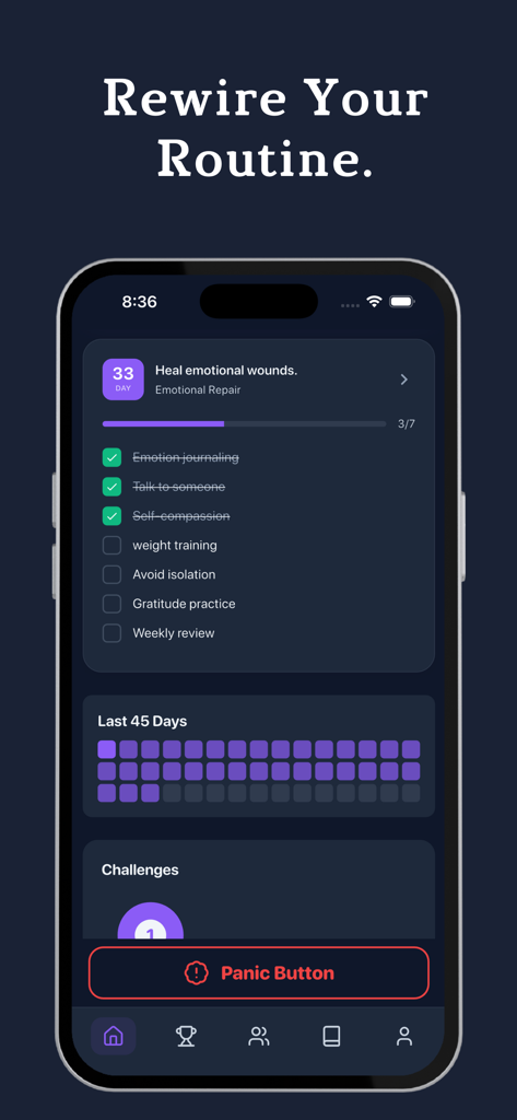 Rewire - Quit porn addiction - Smartphone screen displaying the Rewire app dashboard with a daily habit checklist for emotional repair a progress tracking grid and a red panic button for urge management