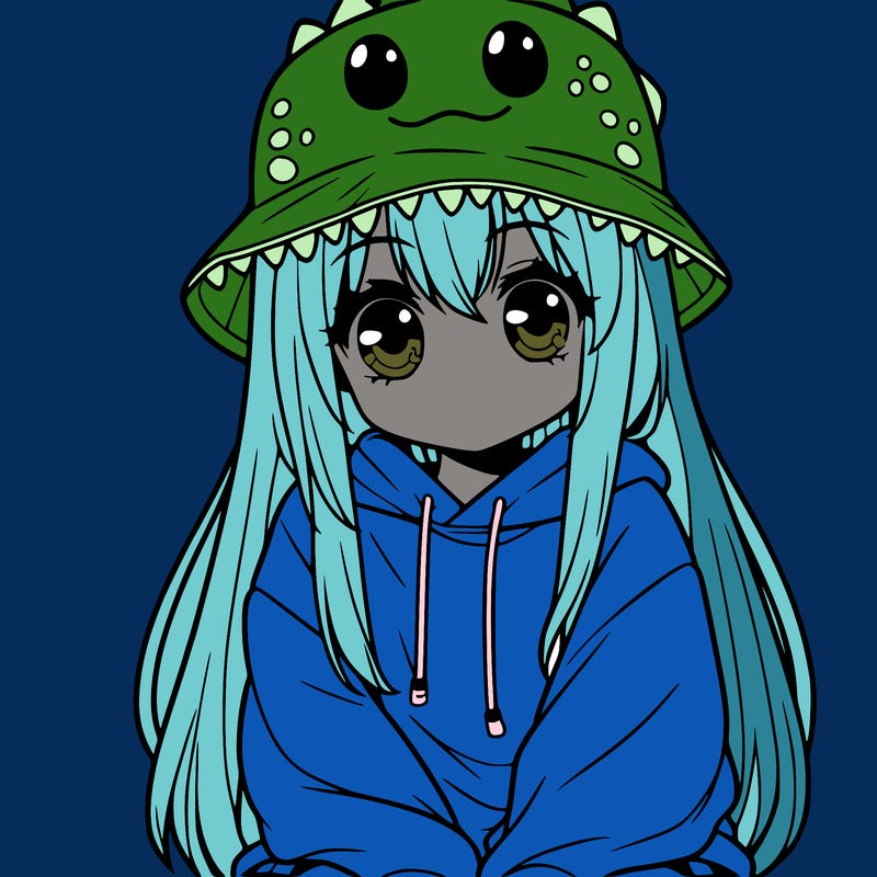 girl with anime shaped eyes with a dinosaur bucket hat oversized sweatshirt long straight hair