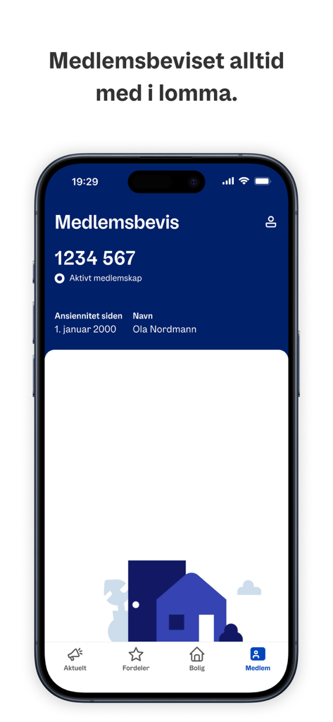 Pantalla de smartphone que muestra el certificado de membresía digital de OBOS con antigüedad y estado