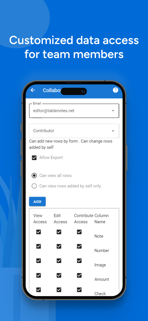 Table Notes app screen for managing team member access and data permissions.