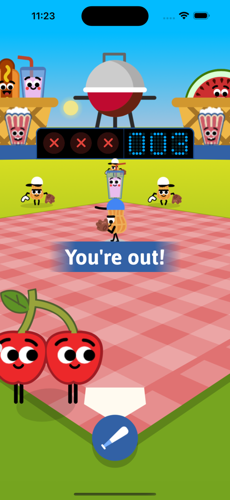 Doodle Baseball Game - Doodle Baseball gameplay featuring cute cherry characters and a You are out message on a picnic themed field.