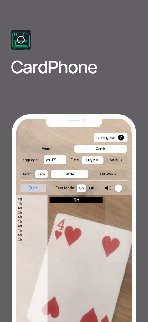 CardPhone - CardPhone app interface showing magic trick settings and a playing card camera preview