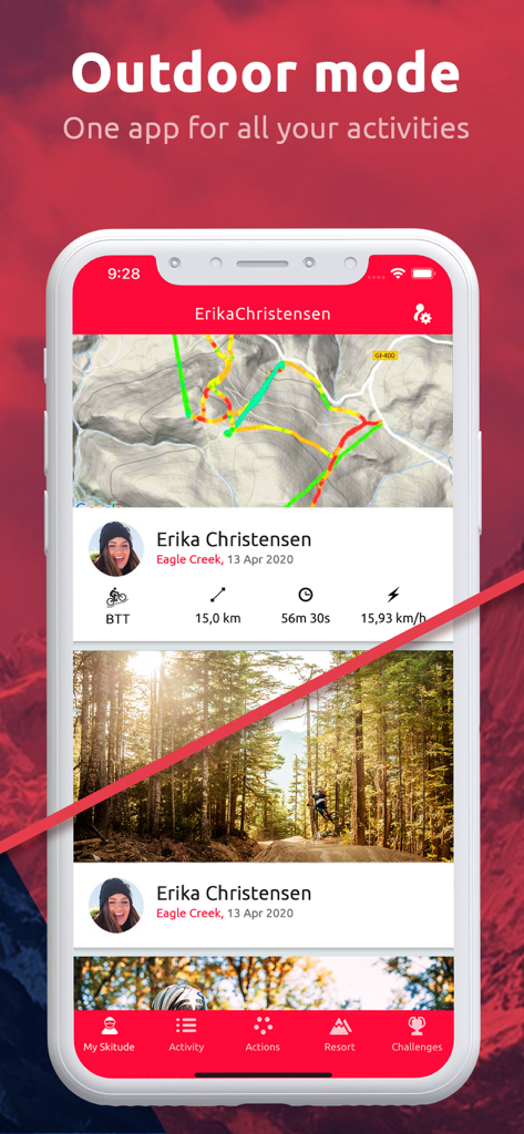 Skitude App-Oberfläche im Outdoor-Modus mit Mountainbike-Aktivitätsverfolgung und GPS-Karte