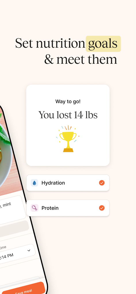 A screenshot of the Nourish app showing nutrition goal tracking and a weight loss achievement message.