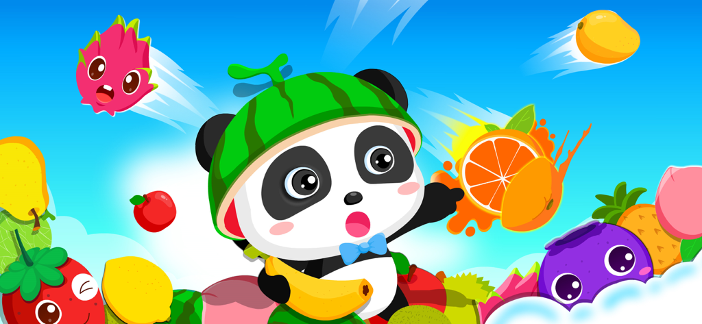 Panda  Learns about Fruit - Baby Panda wearing a watermelon hat surrounded by colorful animated fruits
