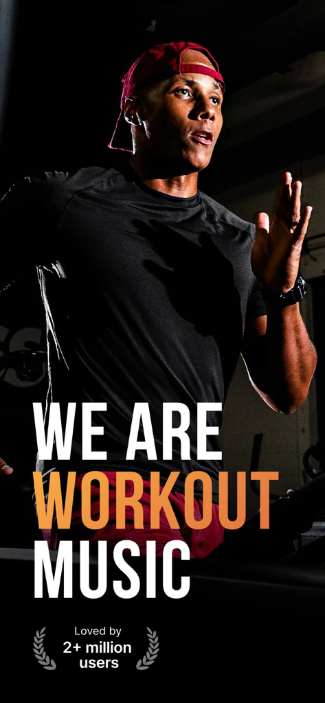 Fit Radio: Train Inspired - A man running on a treadmill with the text We Are Workout Music and a note about over 2 million users