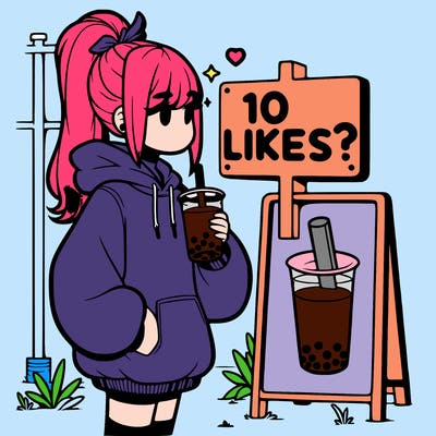 girl with oversized hoodie drinking boba and she has a high ponytail with a sign that says 10likes?