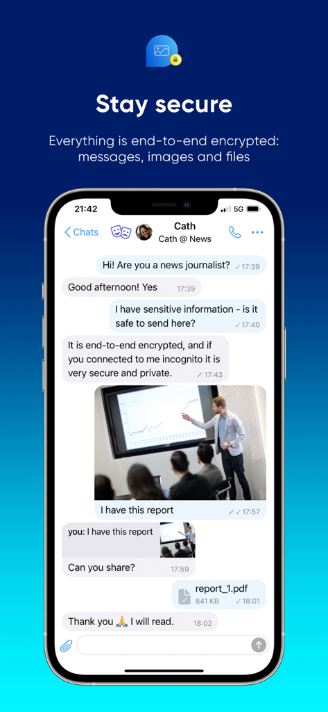 SimpleX Chat app interface showing end to end encrypted messages and secure file sharing between a journalist and a contact.