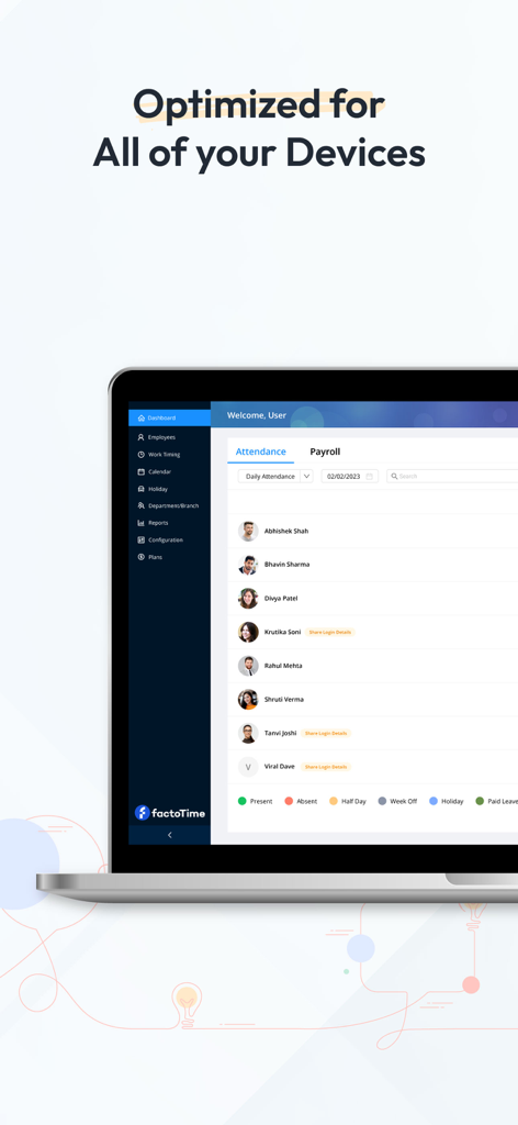 factoTime - Attendance App - factoTime web portal dashboard showing employee attendance and payroll management on a laptop
