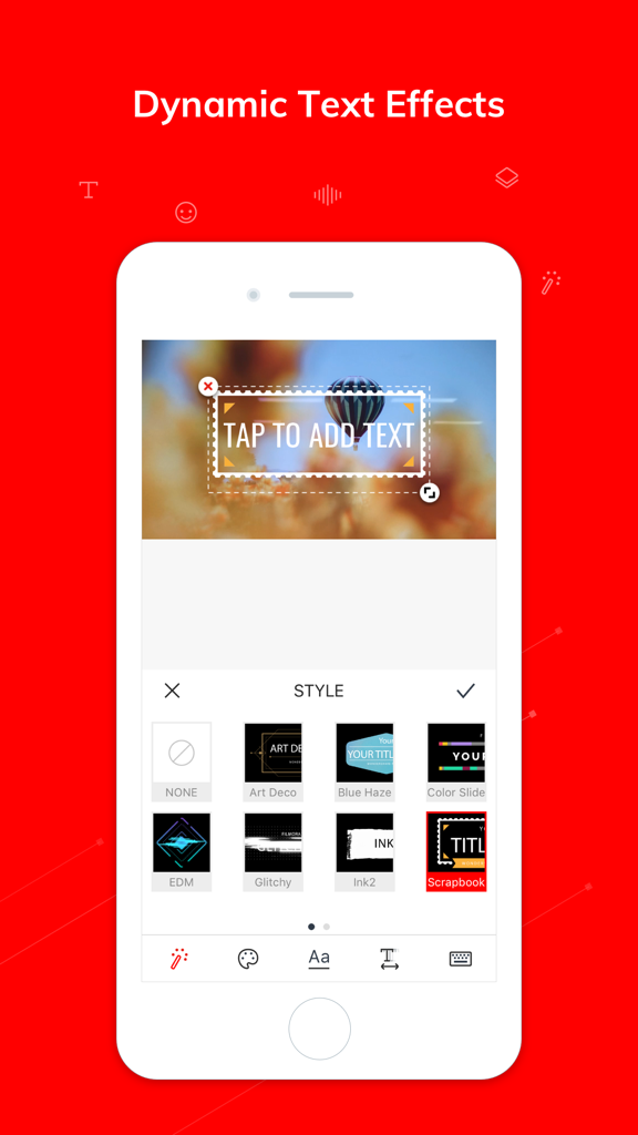 Vlogit - Video Editor - Um smartphone mostrando a interface do aplicativo Vlogit com uma variedade de predefinições de estilos de texto dinâmicos para edição de vídeo.