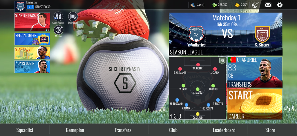 Menú principal del juego móvil Soccer Dynasty Club Manager que muestra la formación del equipo y el próximo partido