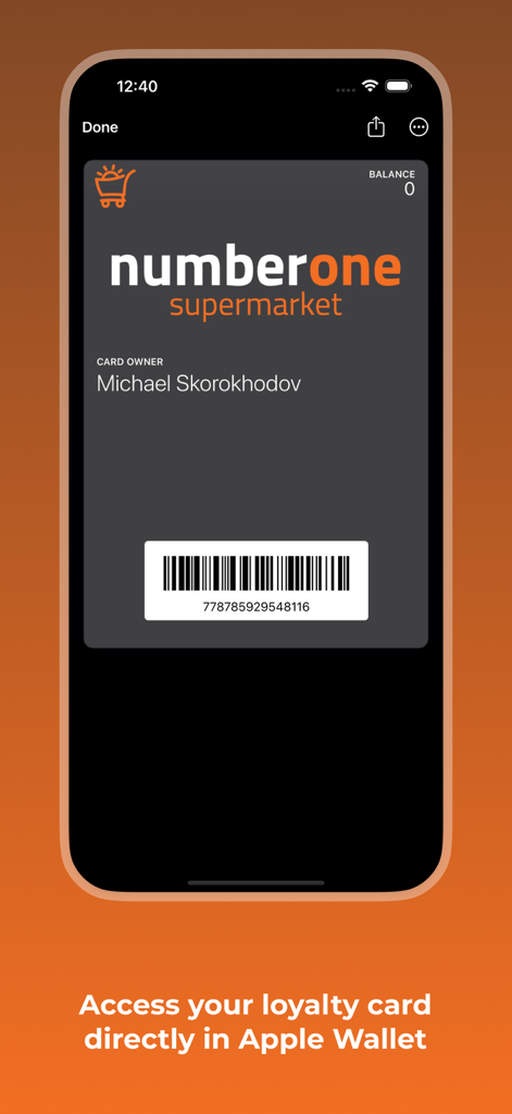 Digitale Treuekarte für NumberOne Supermarkt auf einem iPhone angezeigt, mit Barcode und Apple Wallet-Integration.