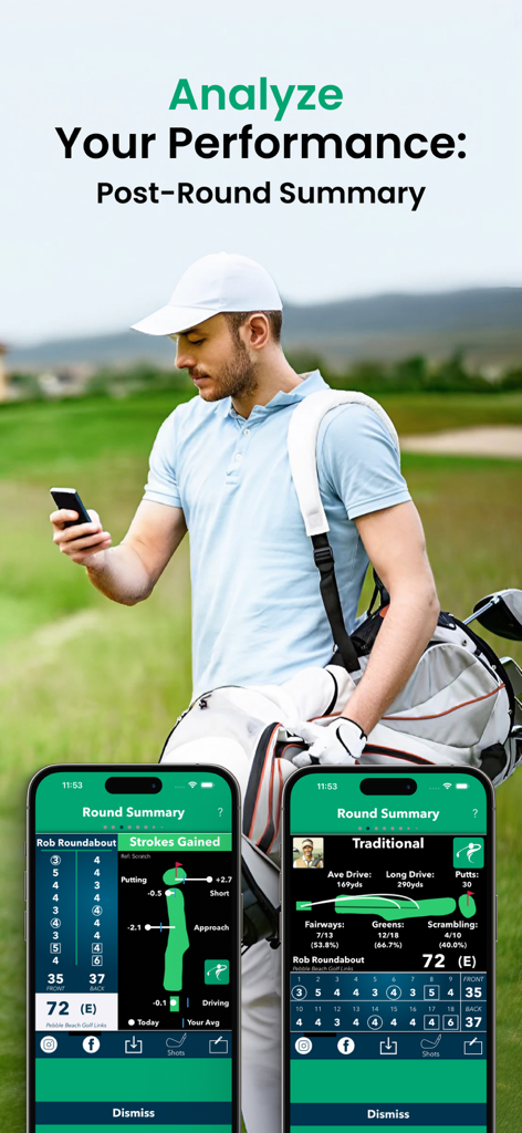 Roundabout - Golf GPS Tracker - A golfer reviewing detailed post-round statistics and strokes gained analytics on the Roundabout app