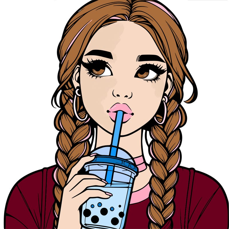 realistic girl with braided hair drinking boba