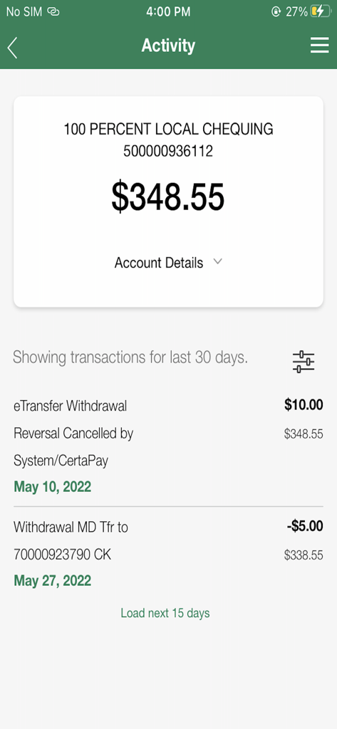Tela de Atividade do aplicativo de mobile banking YNCU exibindo saldo da conta e histórico de transações.