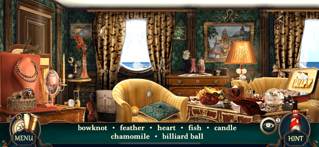 Une scène de jeu détaillée d'objets cachés dans une chambre d'hôtel vintage avec un fauteuil jaune et divers objets de collection