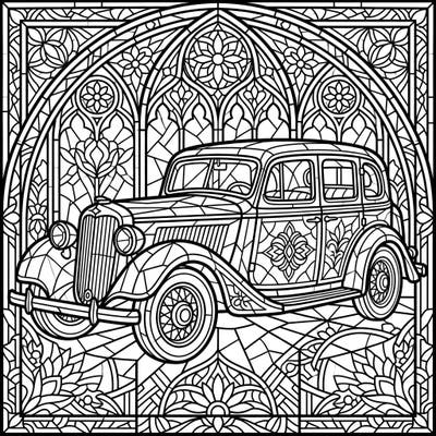 Embark on a creative journey with this exquisite classic car coloring page, artfully designed in a mesmerizing stained glass style. Perfect for vintage automobile enthusiasts and those who appreciate intricate patterns, this printable offers a unique blend of history and art.