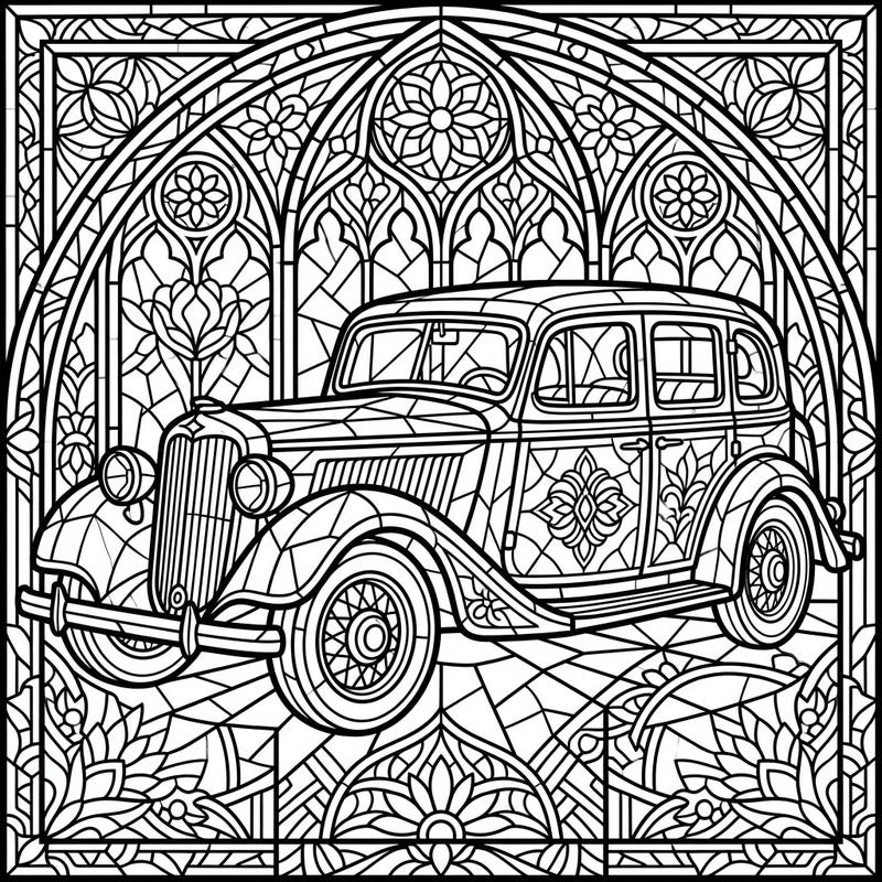 Embark on a creative journey with this exquisite classic car coloring page, artfully designed in a mesmerizing stained glass style. Perfect for vintage automobile enthusiasts and those who appreciate intricate patterns, this printable offers a unique blend of history and art.