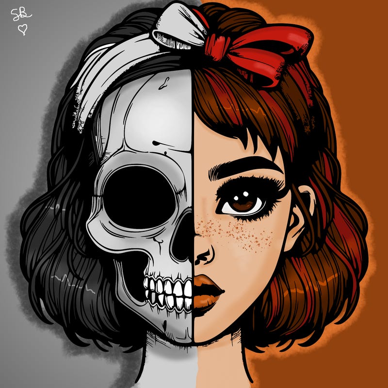 realistic girl with half skull mask