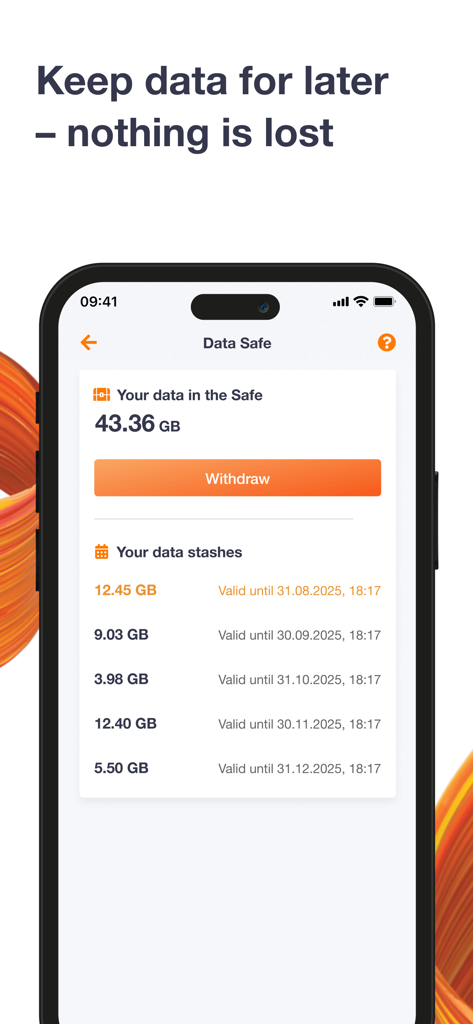 Orange Flex – offer with eSIM - Orange Flex app interface showing the Data Safe feature with 43 gigabytes of stored data and a list of data stashes with expiration dates.