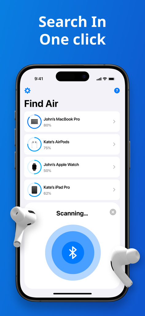 Find Air app screen showing a scan for Bluetooth devices including AirPods and Apple Watch