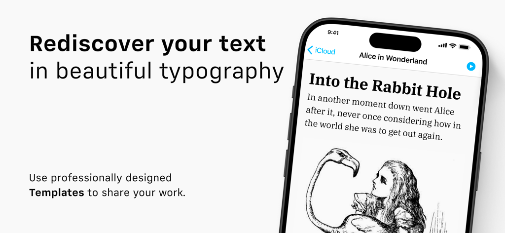 iA Writer - Interface do aplicativo iA Writer no iPhone mostrando tipografia limpa e modelos de documentos profissionais