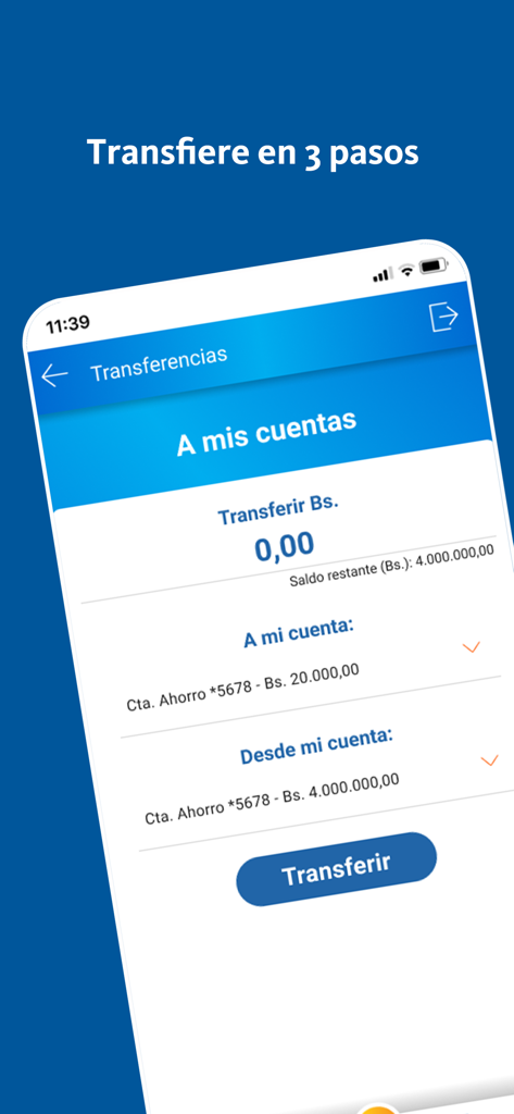 Interfaz de la aplicación móvil Mercantil Banco para transferir fondos entre cuentas en tres pasos