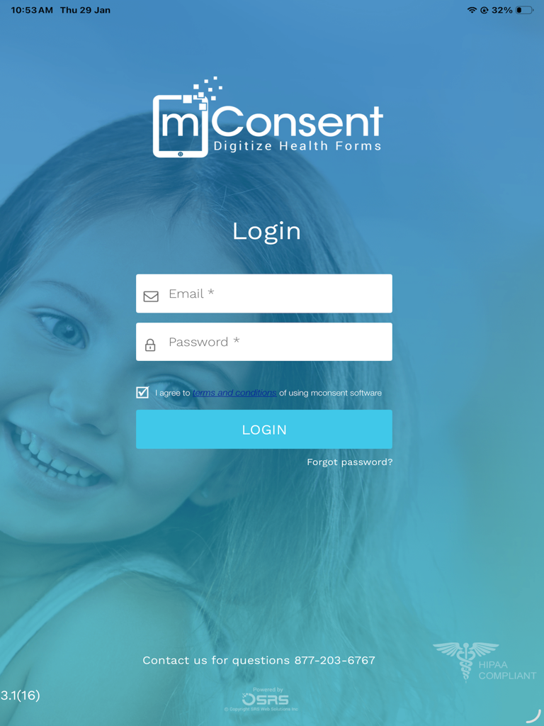 mConsent-DX login screen for dental practices featuring email and password input fields and HIPAA compliance logo