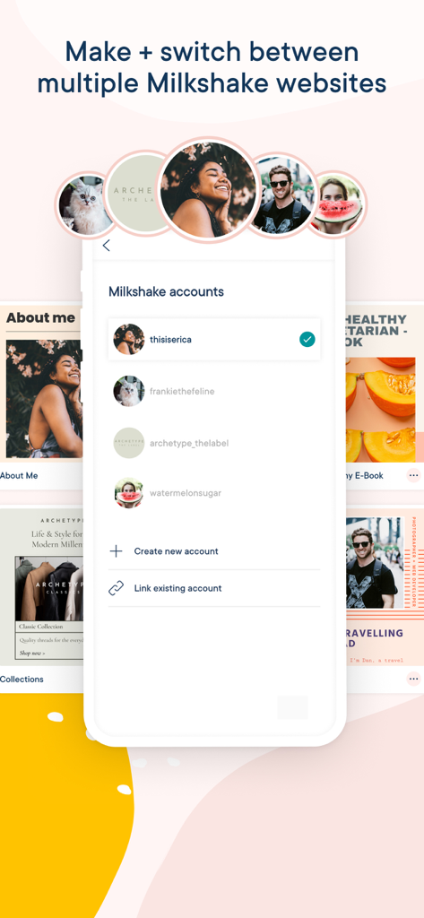 Milkshake — Website Builder - Gestione e passaggio tra account di siti web multipli nell'app Milkshake.