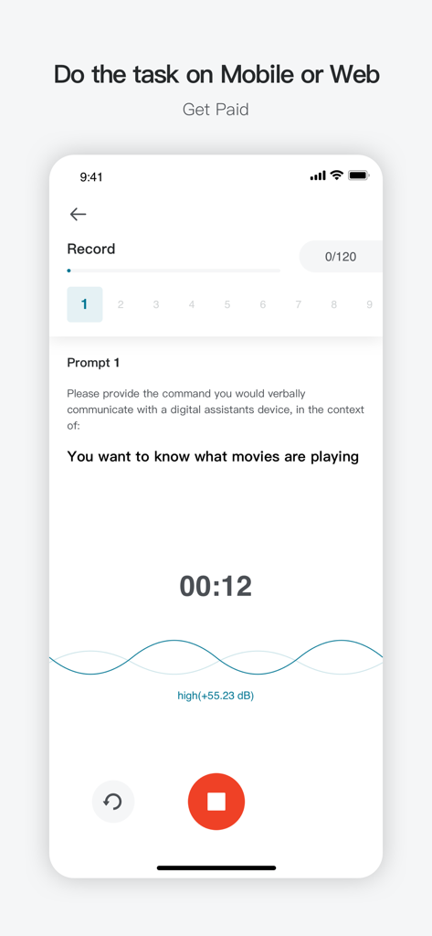 Appen Task - Mobile interface of Appen Task showing a voice recording prompt for AI digital assistant training